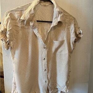 Women's Beige Striped Button Down Shirt